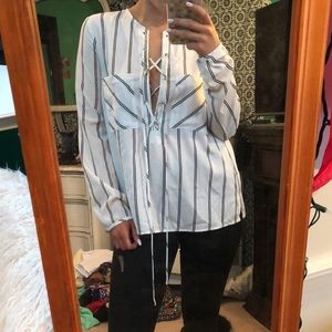 Lace front long sleeve black pinstripe blouse